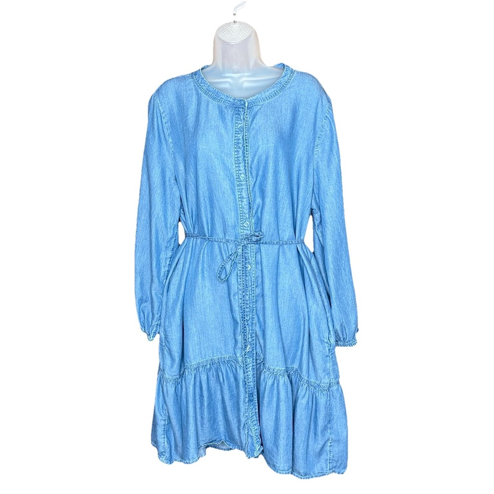 Beachlunchlounge Dress Women XL Blue Chambray Button Tiered Boho Cottage Pockets